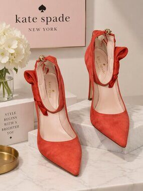 Kate Spade NY Red Orange Suede Loop Bow Ankle Strap Pointed Toe Zip Back Heels